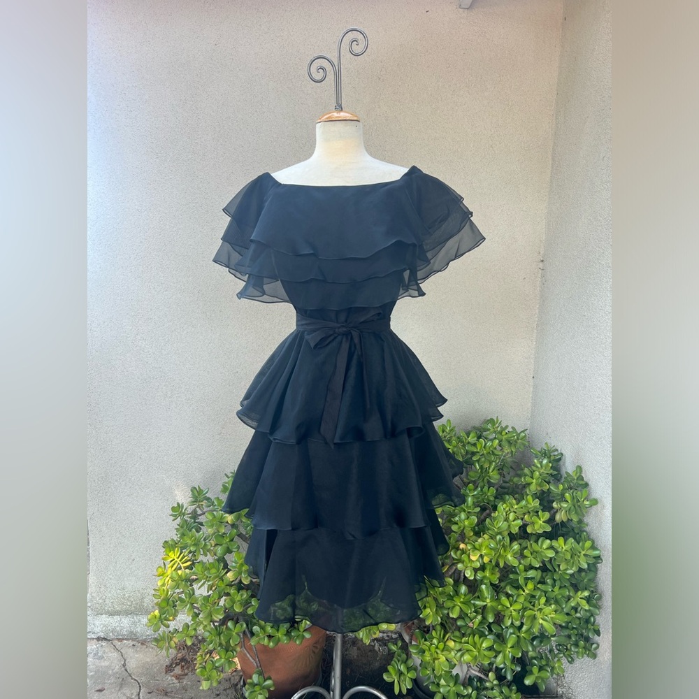 Vintage black chiffon dress midi tiered ruffles Sz 8 small by Jill Richards